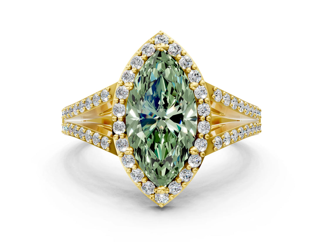 Yellow gold Fancy Green Marquise  Halo Split Shank Pave Diamond Ring with Four-Prong Setting_49