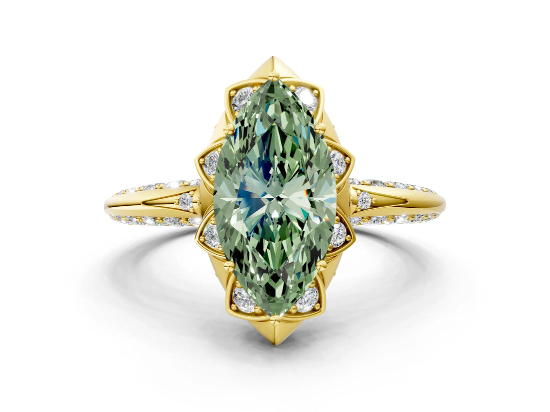 Yellow gold Fancy Green Marquise  Halo Split Shank Pave Diamond Ring with Petal Prong Setting_20