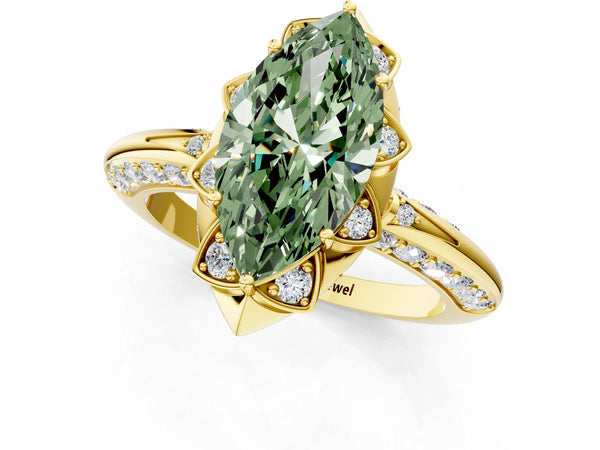 Yellow gold Fancy Green Marquise  Halo Split Shank Pave Diamond Ring with Petal Prong Setting