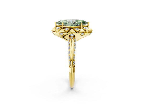 Yellow gold Fancy Green Marquise  Halo Split Shank Pave Diamond Ring with Petal Prong Setting