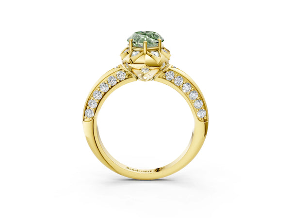 Yellow gold Fancy Green Marquise  Halo Split Shank Pave Diamond Ring with Petal Prong Setting