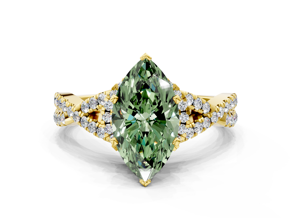 Yellow gold Fancy Green Marquise  Halo Twist Band Solitaire Prong Setting Ring_42