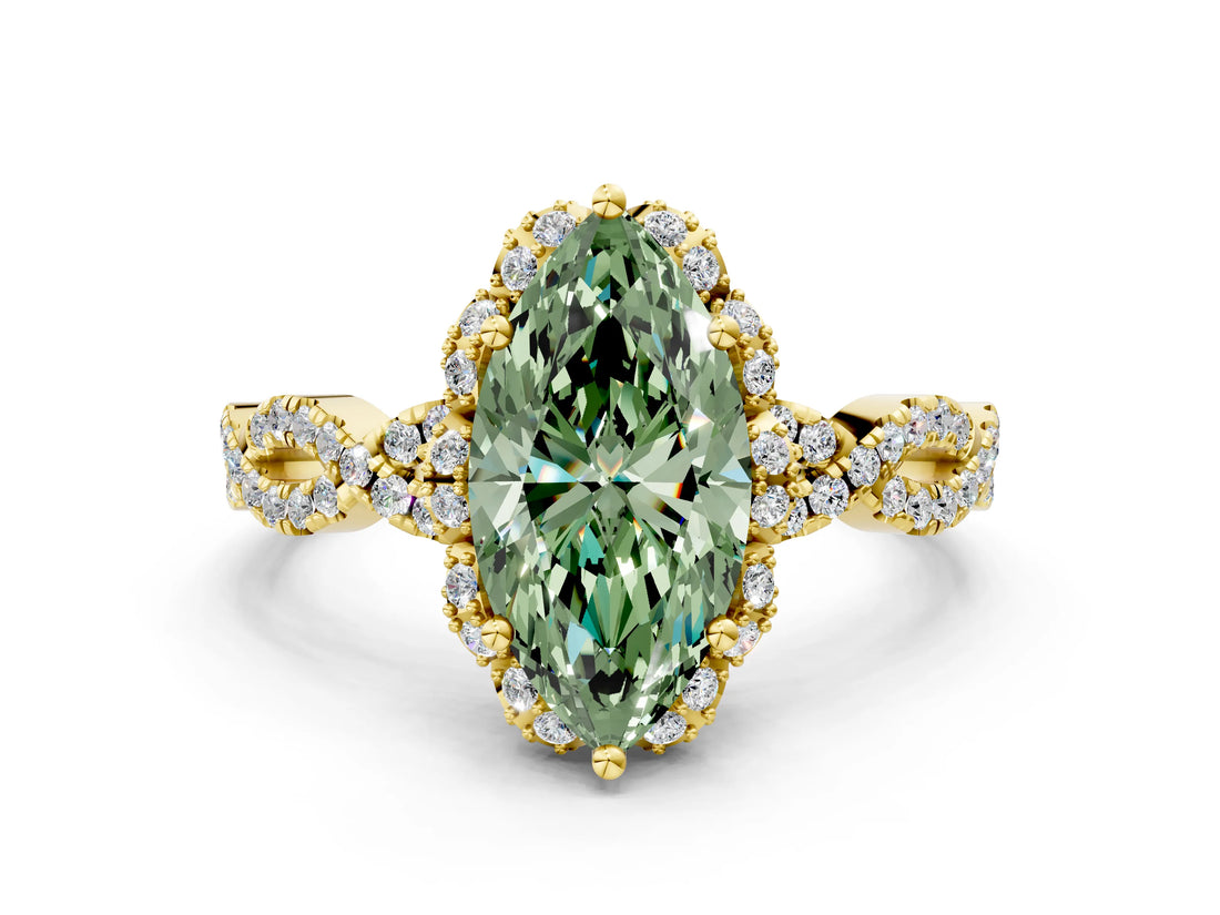 Yellow gold Fancy Green Marquise  Halo Twist Band Solitaire Ring with Six-Prong Setting_32
