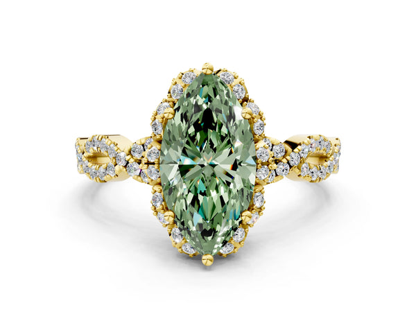 Yellow gold Fancy Green Marquise  Halo Twist Band Solitaire Ring with Six-Prong Setting