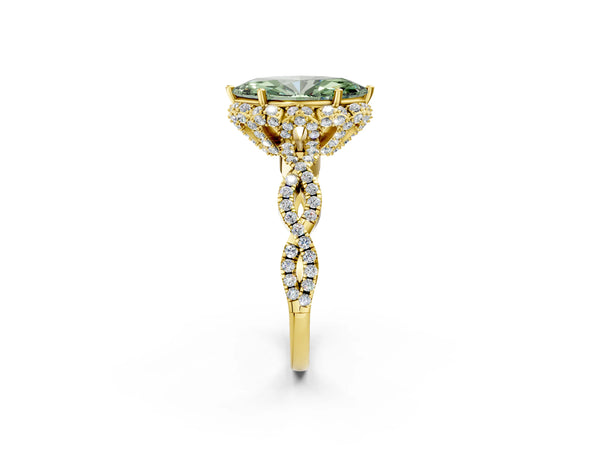 Yellow gold Fancy Green Marquise  Halo Twist Band Solitaire Ring with Six-Prong Setting