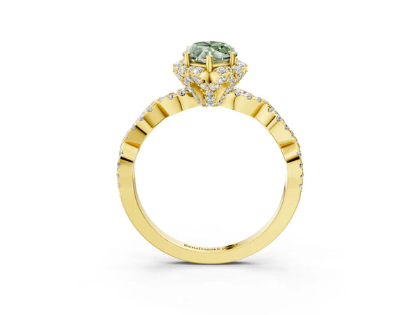 Yellow gold Fancy Green Marquise  Halo Twist Band Solitaire Ring with Six-Prong Setting