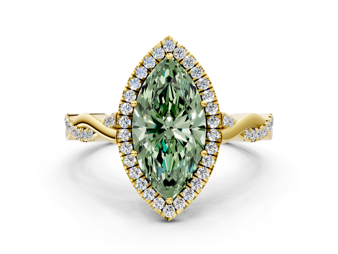 Yellow gold Fancy Green Marquise  Halo Twist Band Solitaire Ring_20