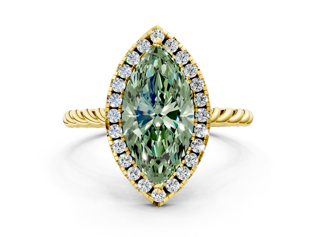 Yellow gold Fancy Green Marquise  Halo Twisted Band Four-Prong Diamond Ring_20