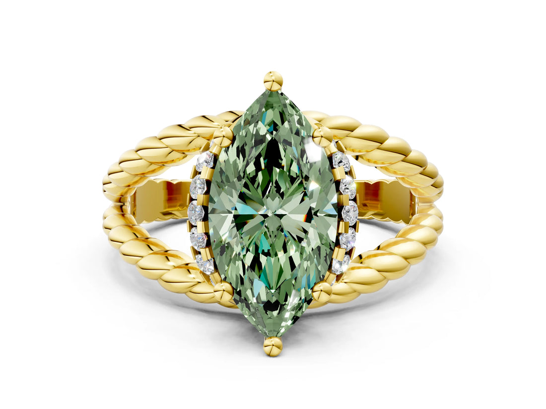 Yellow gold Fancy Green Marquise  Halo Twisted Band Four-Prong Ring_62