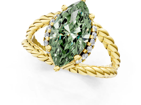 Yellow gold Fancy Green Marquise  Halo Twisted Band Four-Prong Ring