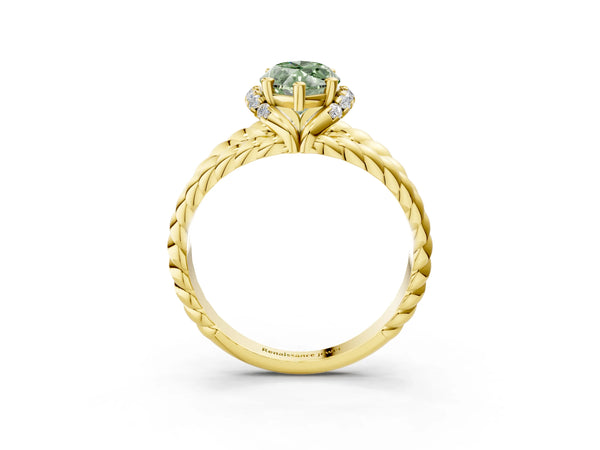 Yellow gold Fancy Green Marquise  Halo Twisted Band Four-Prong Ring