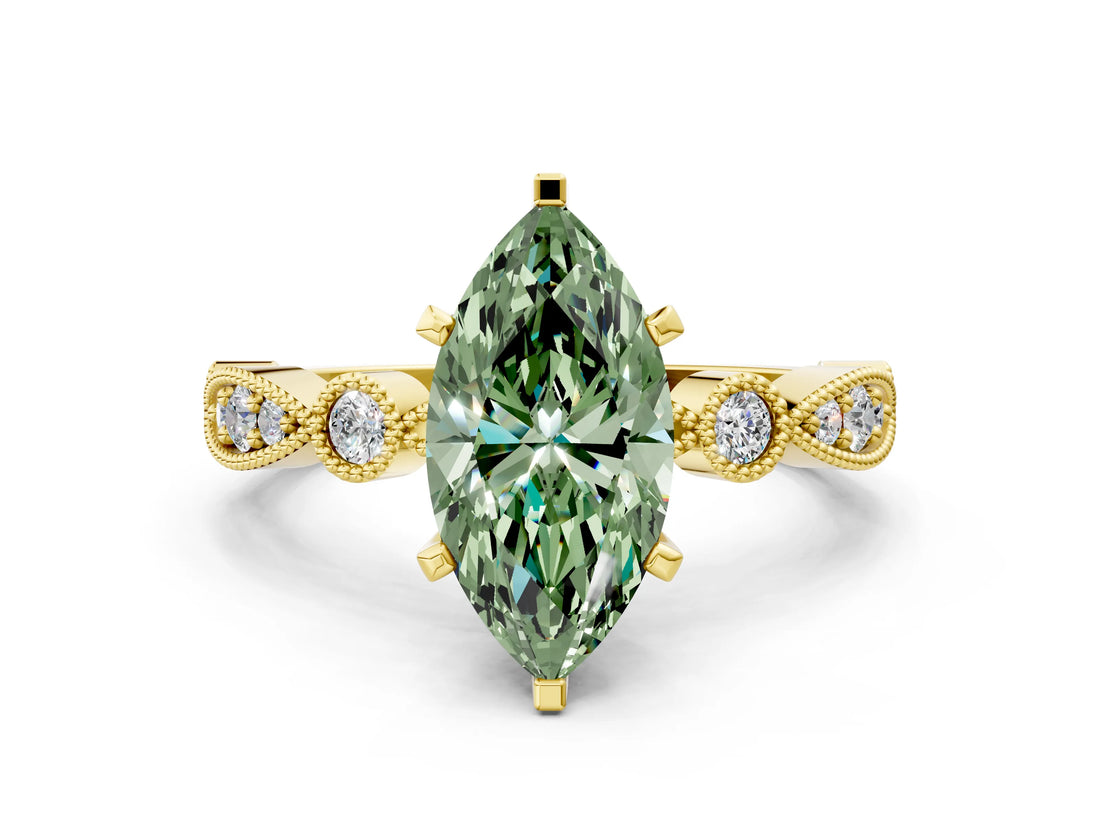 Yellow gold Fancy Green Marquise  Milgrain Bezel Diamond Engagement Ring with Solitaire Prong Setting_175