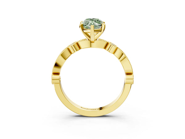 Yellow gold Fancy Green Marquise  Milgrain Bezel Diamond Engagement Ring with Solitaire Prong Setting