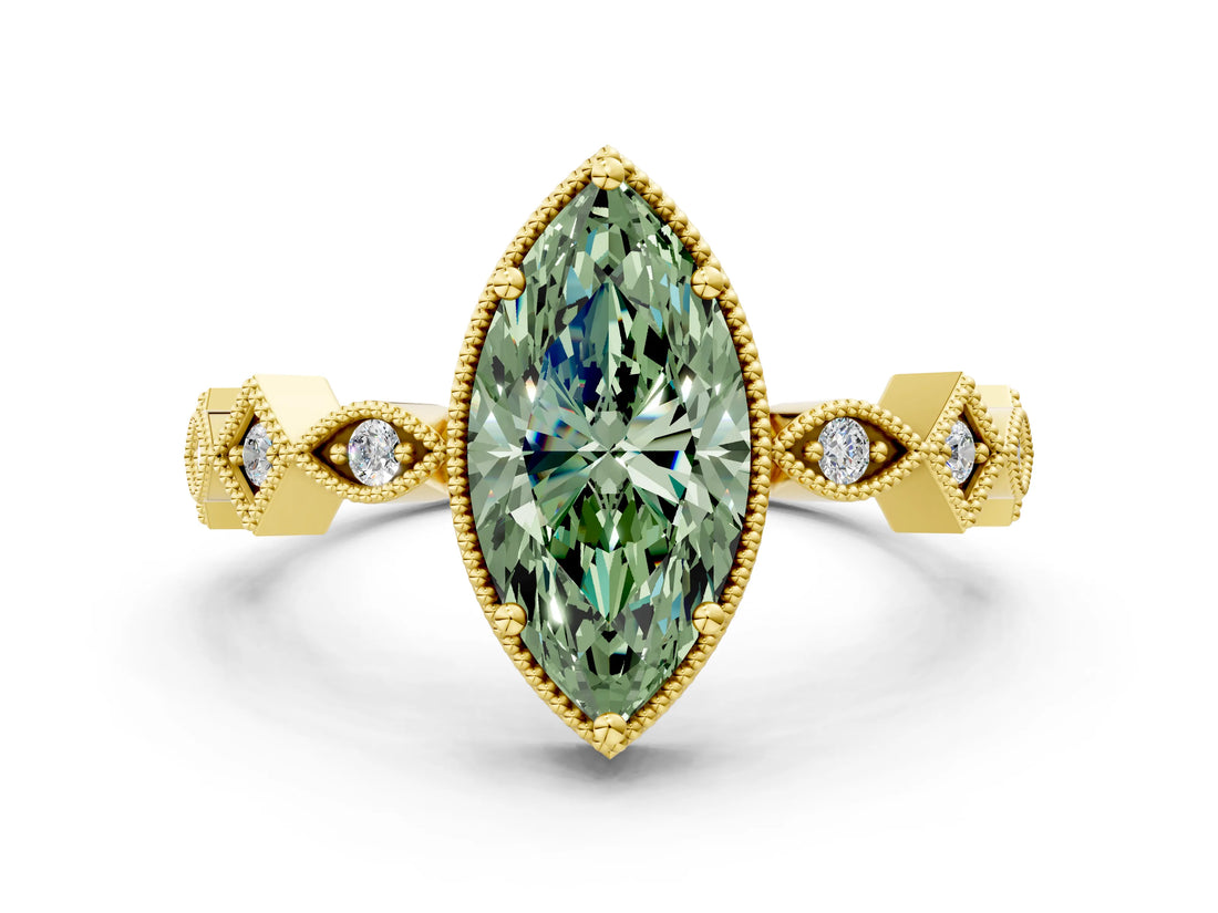 Yellow gold Fancy Green Marquise  Milgrain Marquise Diamond Twist Band Ring_61