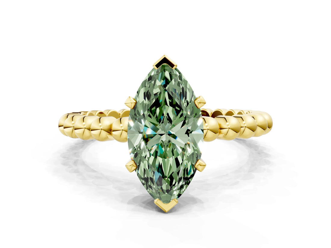 Yellow gold Fancy Green Marquise  Solitaire Beaded Band Prong Setting Ring