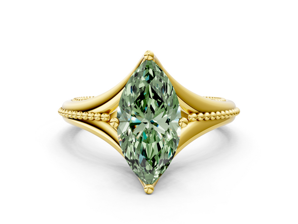 Yellow gold Fancy Green Marquise  Solitaire Beaded Band Six-Prong Setting