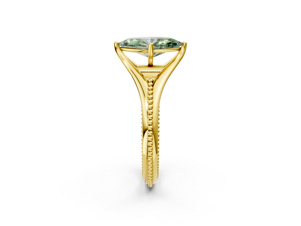 Yellow gold Fancy Green Marquise  Solitaire Beaded Band Six-Prong Setting