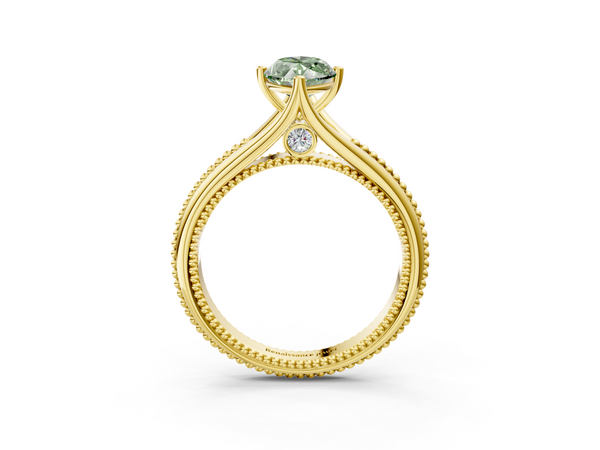 Yellow gold Fancy Green Marquise  Solitaire Beaded Band Six-Prong Setting