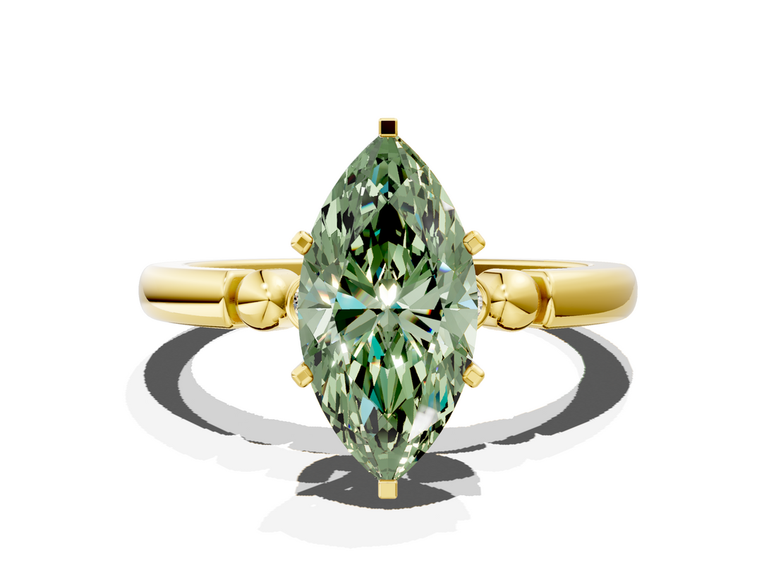 Yellow gold Fancy Green Marquise  Solitaire Beaded Band with Four-Prong Setting_59