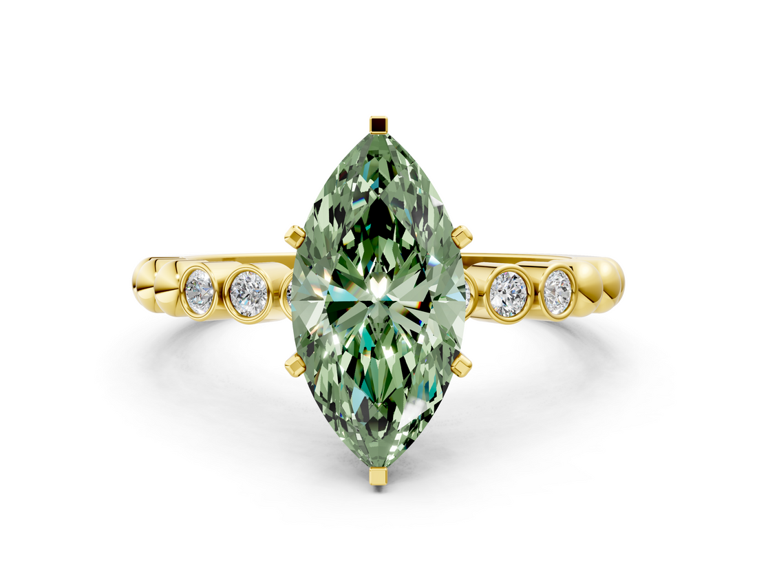 Yellow gold Fancy Green Marquise  Solitaire Bezel Accent Diamond Engagement Ring with Beaded Band and Four-Prong Setting_24