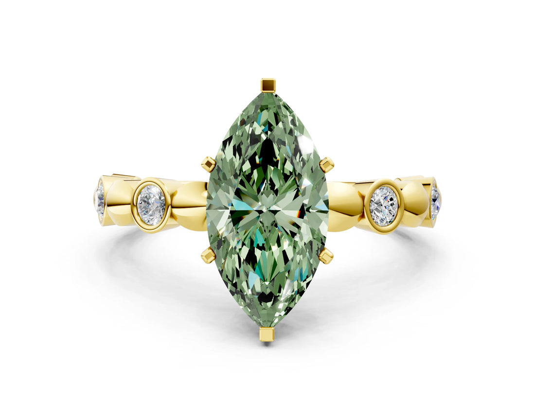 Yellow gold Fancy Green Marquise  Solitaire Bezel-Set Diamond Ring with Beaded Band and Four-Prong Setting_32