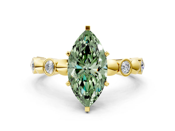 Yellow Gold Marquise Engagement Ring Setting for Fancy Green Center with Bezel Station Beaded Band