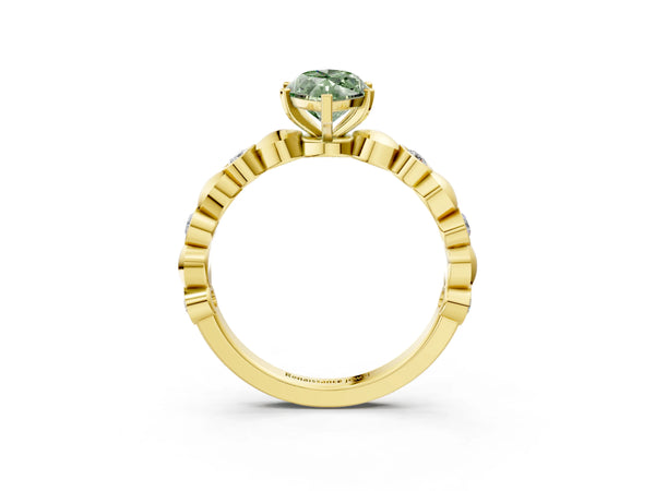 Yellow Gold Marquise Engagement Ring Setting for Fancy Green Center with Bezel Station Beaded Band