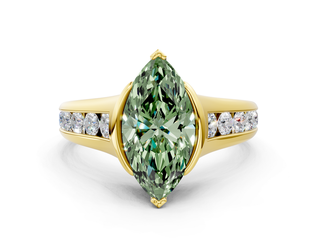 Yellow gold Fancy Green Marquise  Solitaire Bezel-Set Diamond Ring with Channel-Set Band_36
