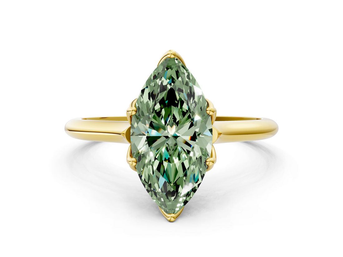 Yellow gold Fancy Green Marquise  Solitaire Cathedral Diamond Ring with Six-Prong Setting_17