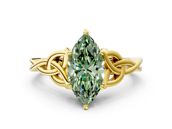 Yellow gold Fancy Green Marquise Cut Diamond Solitaire Engagement Ring with Celtic Knot Band and Four-Prong Setting