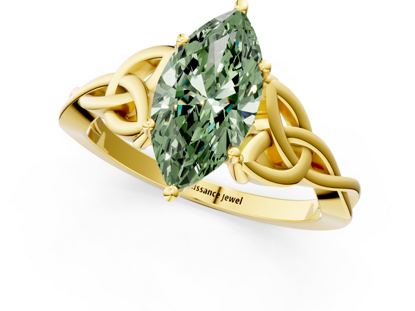 Yellow gold Fancy Green Marquise Cut Diamond Solitaire Engagement Ring with Celtic Knot Band and Four-Prong Setting