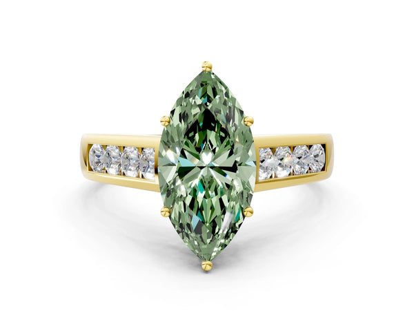Yellow gold Fancy Green Marquise  Solitaire Channel-Set Diamond Engagement Ring with Four-Prong Setting