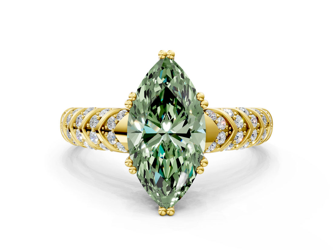 Yellow gold Fancy Green Marquise  Solitaire Chevron Pave Diamond Engagement Ring with Six-Prong Setting_3