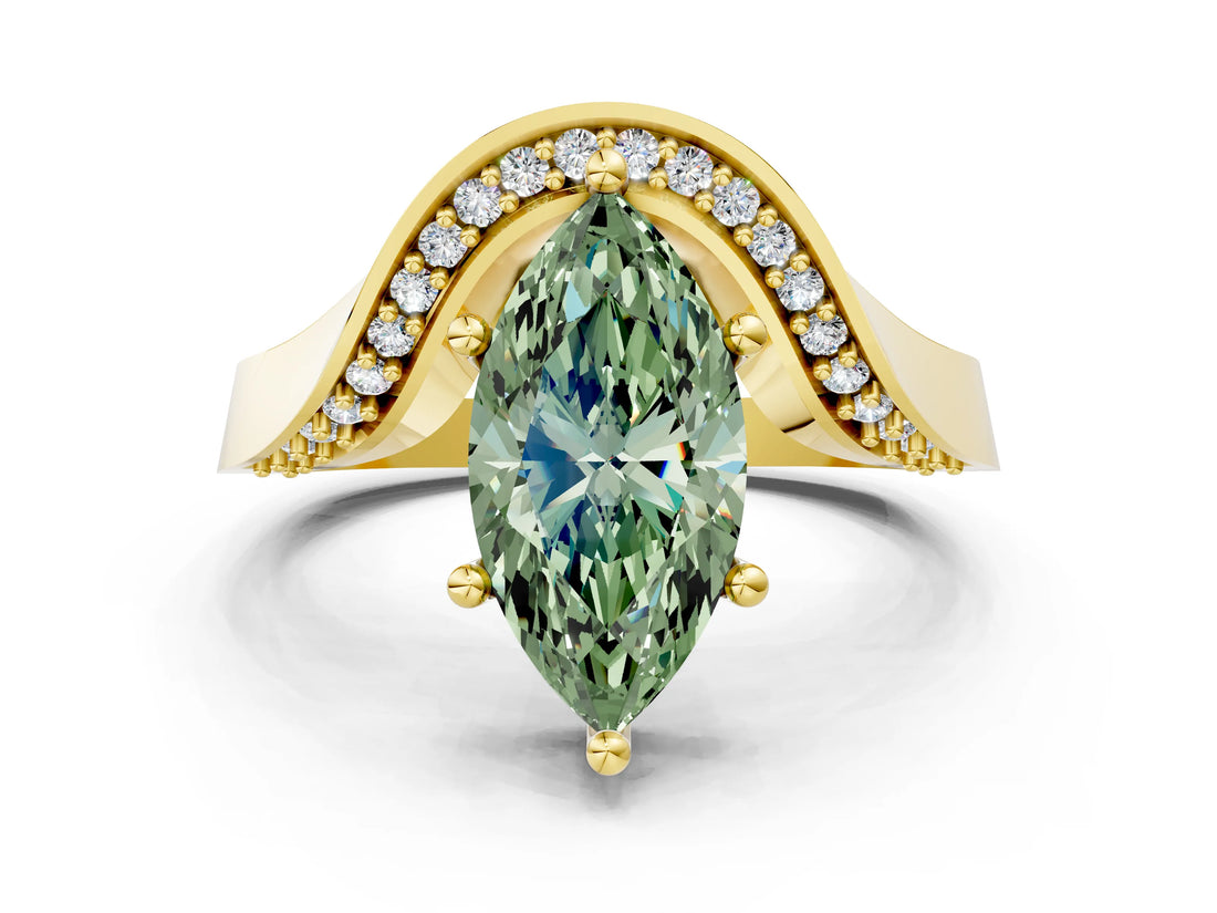 Yellow gold Fancy Green Marquise  Solitaire Diamond Engagement Ring with Pave Band and Four-Prong Setting 1