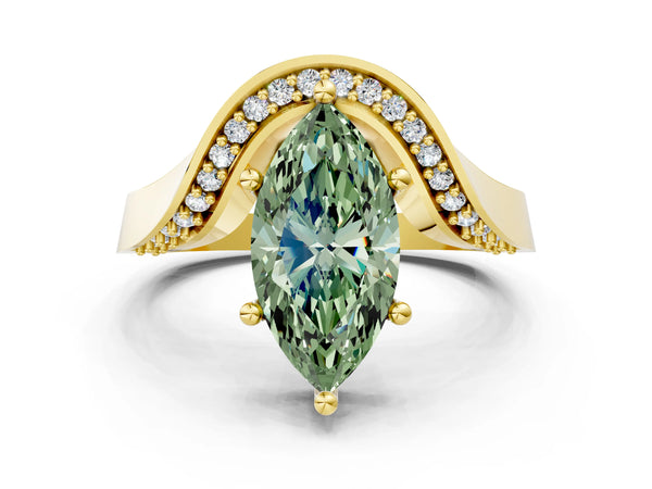 Yellow gold Fancy Green Marquise  Solitaire Diamond Engagement Ring with Pave Band and Four-Prong Setting