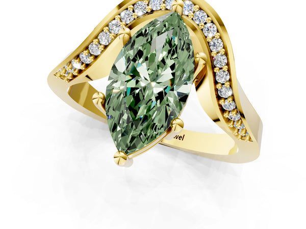 Yellow gold Fancy Green Marquise  Solitaire Diamond Engagement Ring with Pave Band and Four-Prong Setting