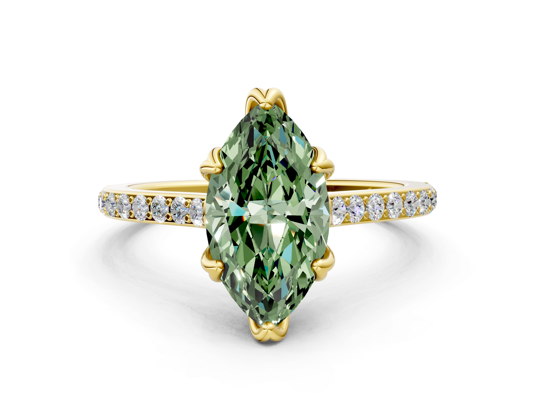 Yellow gold Fancy Green Marquise  Solitaire Diamond Engagement Ring with Pave Band and Six-Prong Setting_20