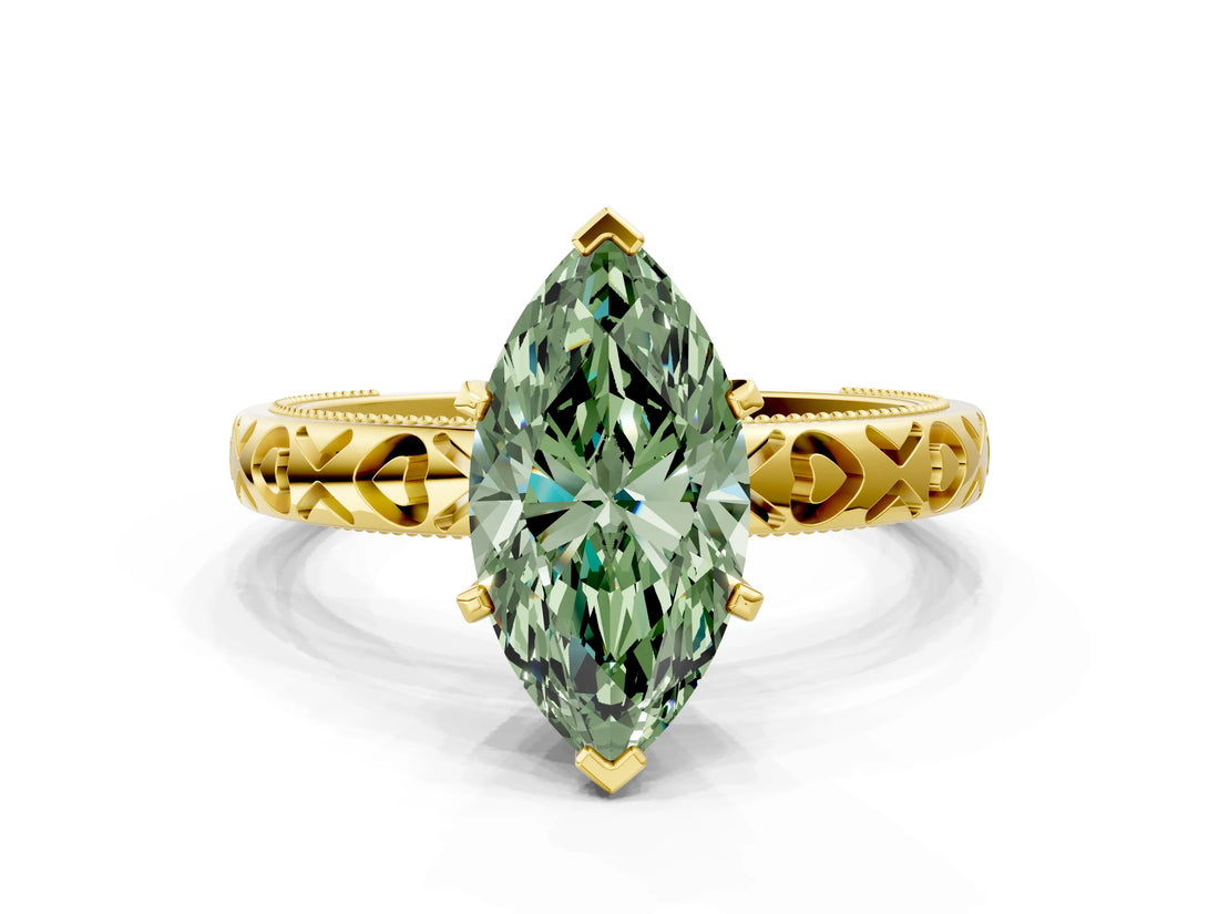 Yellow gold Fancy Green Marquise  Solitaire Diamond Engagement Ring with XO Engraved Band and Four-Prong Setting 2