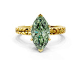 Yellow gold Fancy Green Marquise  Solitaire Diamond Engagement Ring with XO Engraved Band and Four-Prong Setting 2