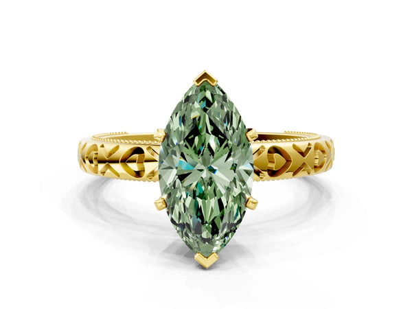 Yellow gold Fancy Green Marquise  Solitaire Diamond Engagement Ring with XO Engraved Band and Four-Prong Setting