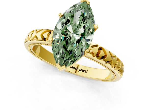 Yellow gold Fancy Green Marquise  Solitaire Diamond Engagement Ring with XO Engraved Band and Four-Prong Setting