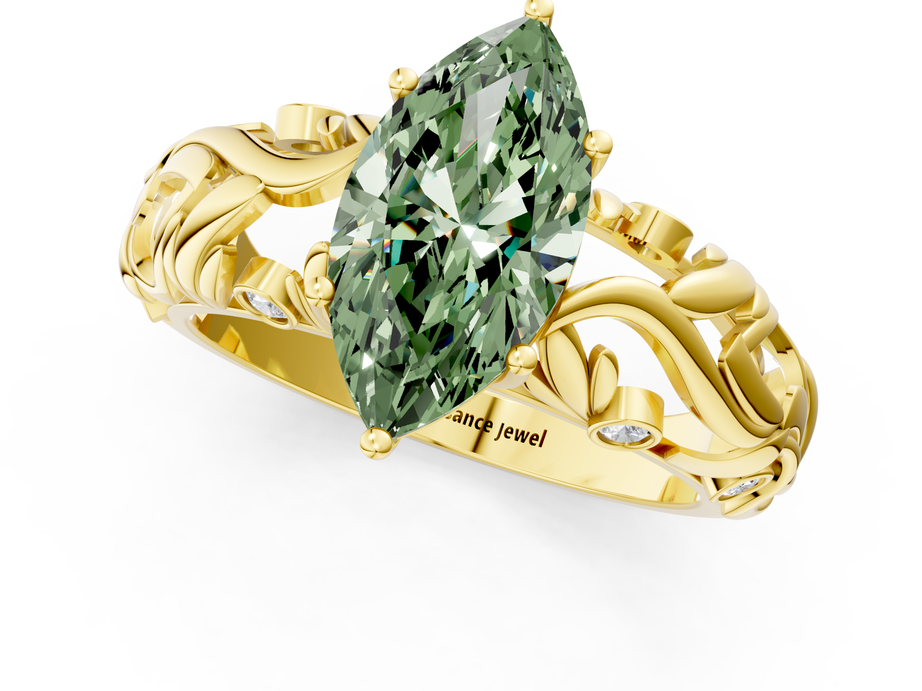 Yellow gold Fancy Green Marquise  Solitaire Diamond Leaf Vine Band with Prong Setting_46