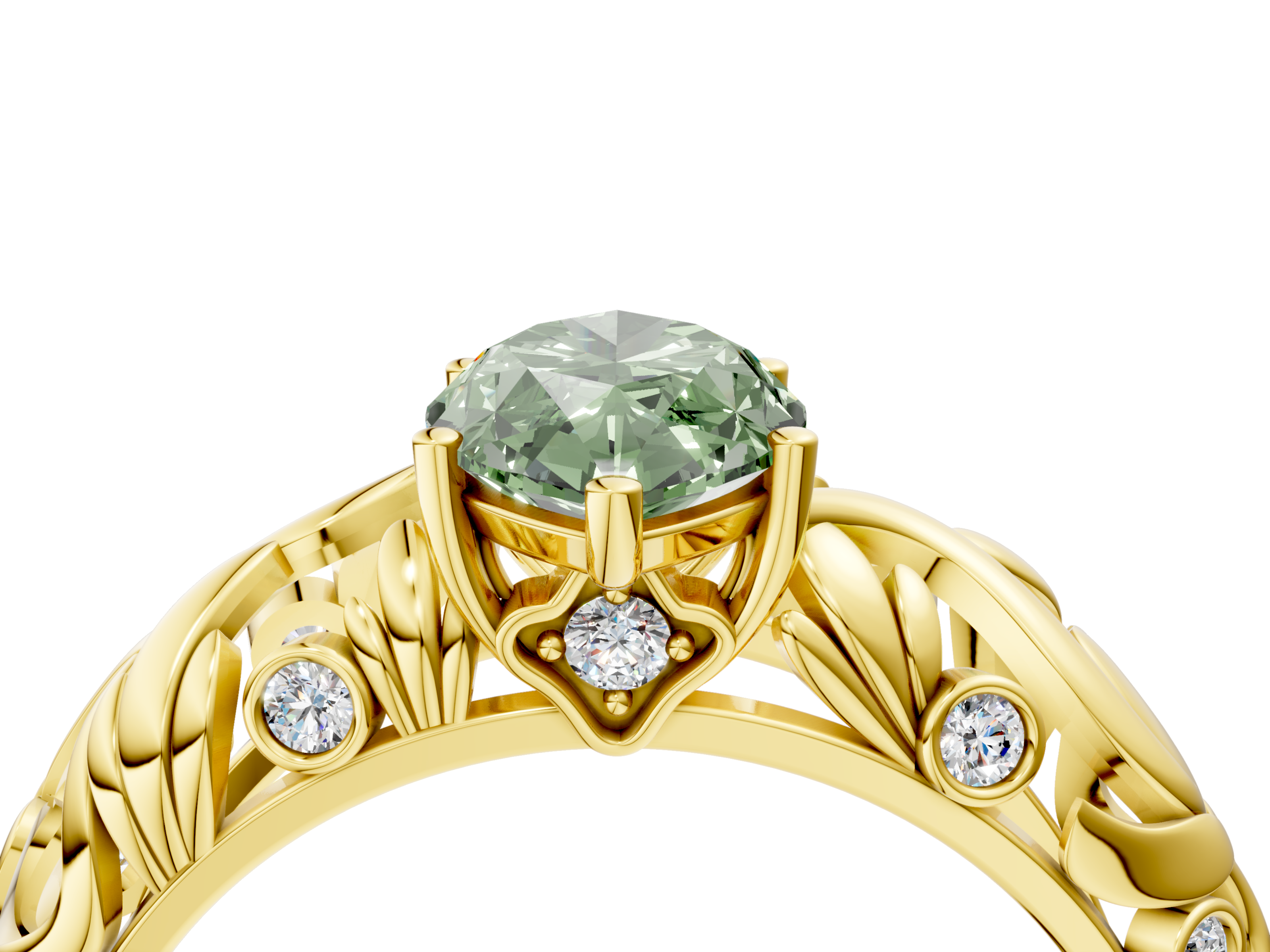 Yellow gold Fancy Green Marquise  Solitaire Diamond Leaf Vine Band with Prong Setting_49