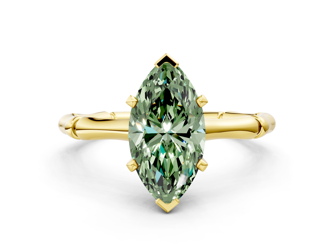 Yellow gold Fancy Green Marquise  Solitaire Diamond Ring with Bamboo Band and Four-Prong Setting_56