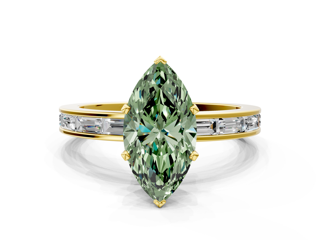 Yellow gold Fancy Green Marquise  Solitaire Diamond Ring with Channel-Set Baguette Band and Four-Prong Setting_80