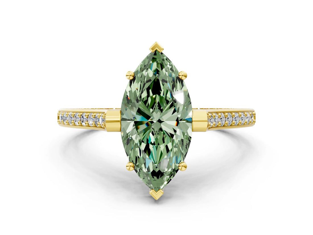 Yellow gold Fancy Green Marquise  Solitaire Diamond Ring with Channel Set Band and Bezel Prong Setting_57