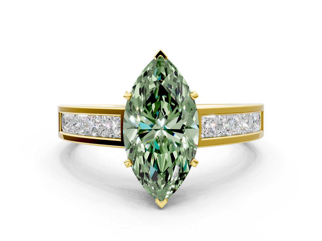 Yellow gold Fancy Green Marquise  Solitaire Diamond Ring with Channel-Set Band and Four-Prong Setting_3