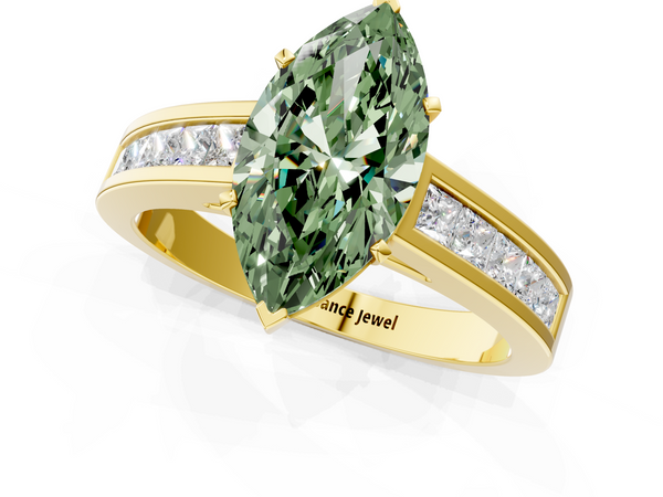 Yellow gold Fancy Green Marquise  Solitaire Diamond Ring with Channel-Set Band and Four-Prong Setting