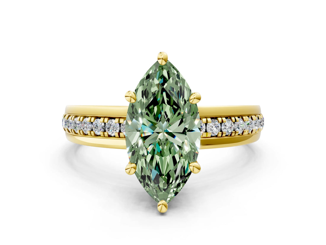 Yellow gold Fancy Green Marquise  Solitaire Diamond Ring with Channel Set Band and Six-Prong Setting_48
