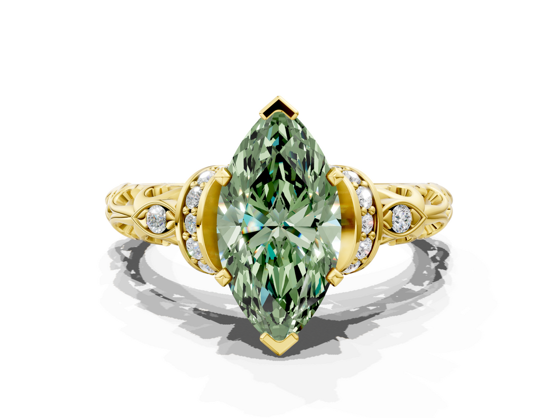 Yellow gold Fancy Green Marquise  Solitaire Diamond Ring with Filigree Band and Four-Prong Setting_46